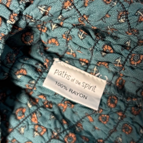 Paths Of The Spirit Teal Floral Short Puff Sleeve Ruched Front Tie Crop Top XL - Picture 5 of 5